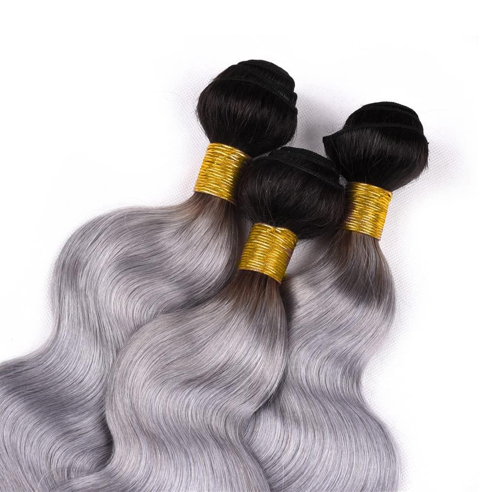 Capurchra Grey Bundles Ombre Body Wave Human Hair 3 Bundles 100% Unprocessed Virgin Weave Extensions Black To Grey Body Wave Human Hair Bundles for Women 22 24 26 Inch