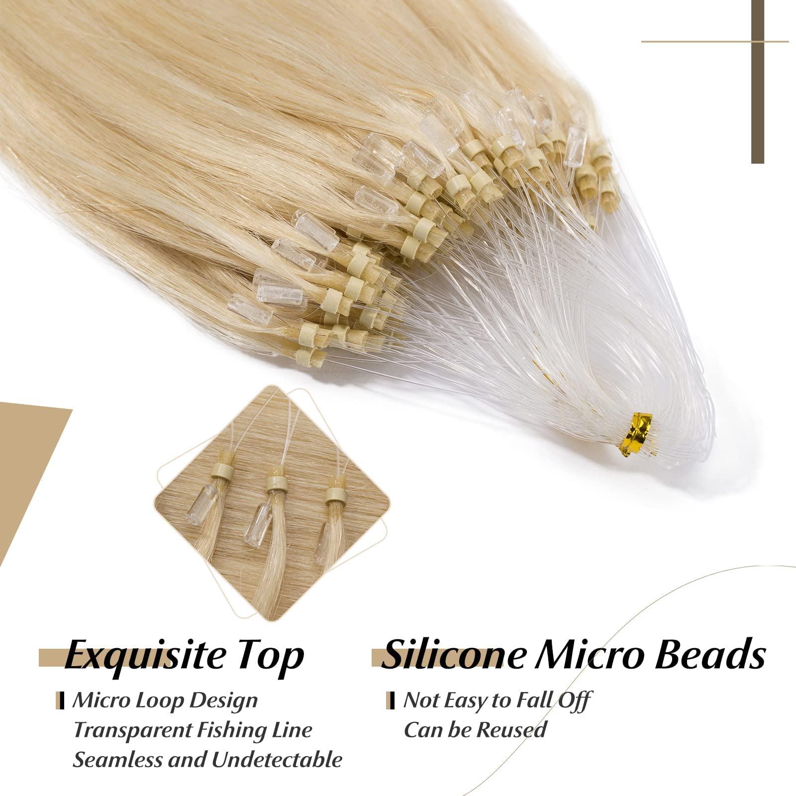 SEGO SEGO Micro Loop Human Hair Extensions Cold Fusion Micro Bead Hair Extensions Nano Rings Beads Stick Tipped Blonde Real Hair Extensions 50g 100 Strands 22inch 60# Platinum blonde