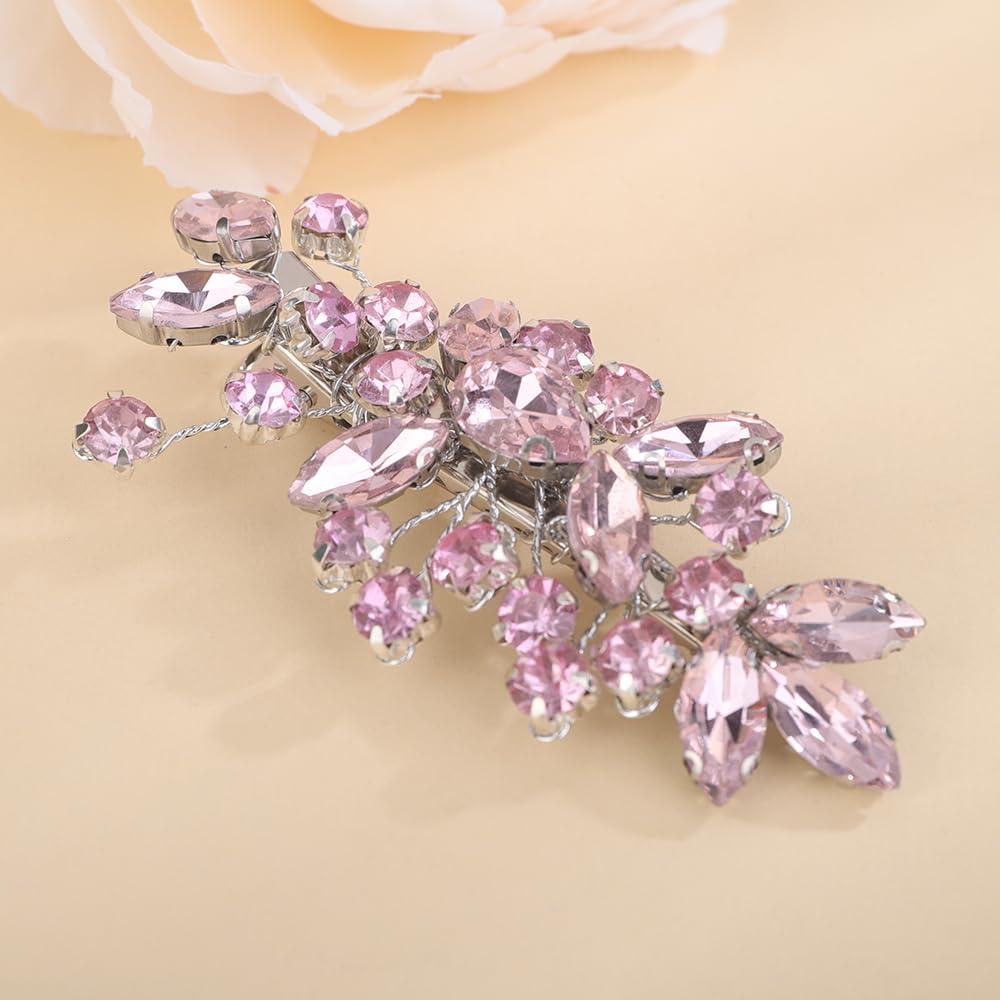 Teyglen Teyglen Pink Rhinestone Hair Clip Bridal Crystal Hair Barrette for Women Sparkly Hair Piece Wedding Hair Clips Hair Accessories for Women (Pink)