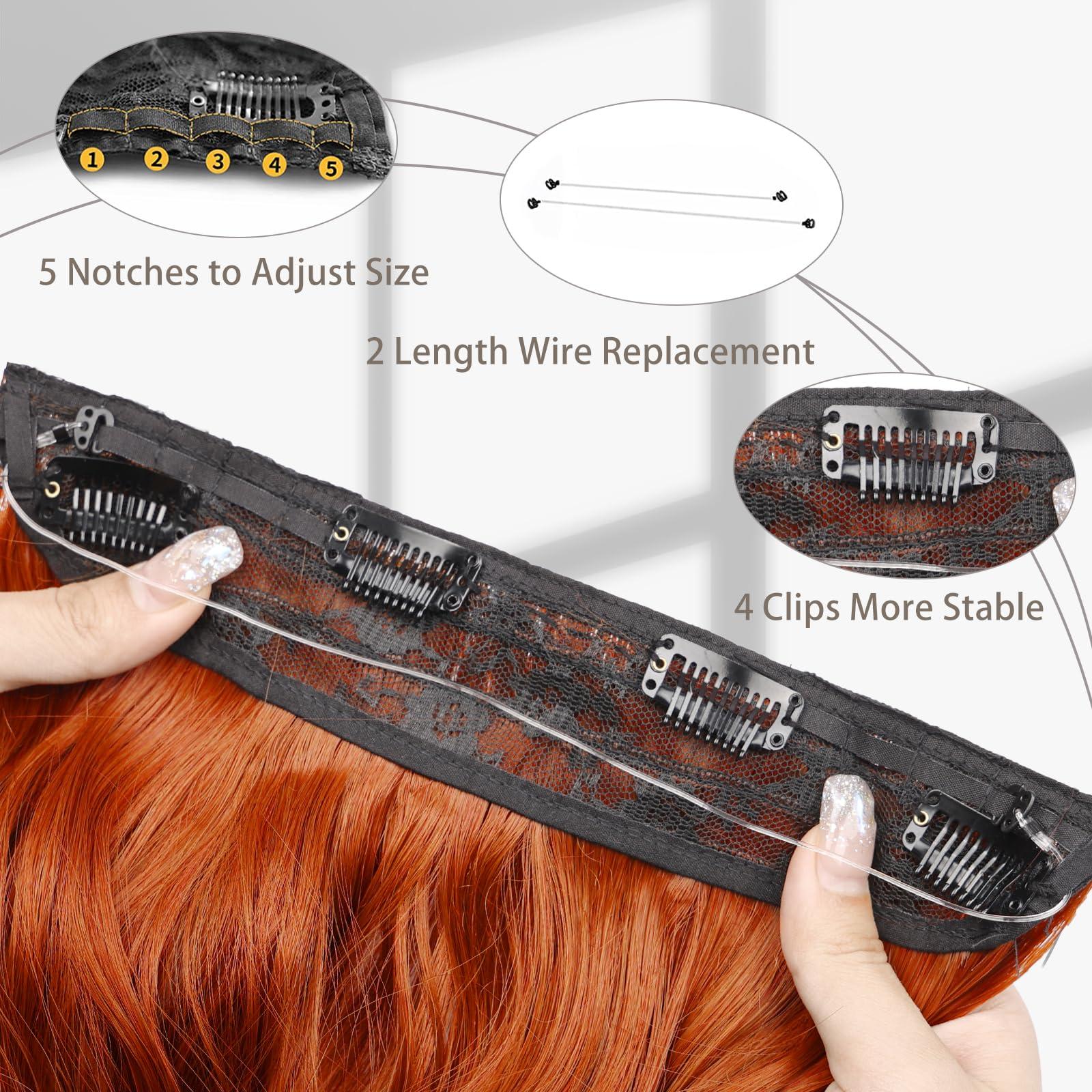 MORICA MORICA Invisible Wire Hair Extensions - Copper Red Hair Extensions 20 Inch Halo Hair Extensions Long Wavy Synthetic Hairpiece with Transparent Wire Adjustable Size, 4 Secure Clips for Women