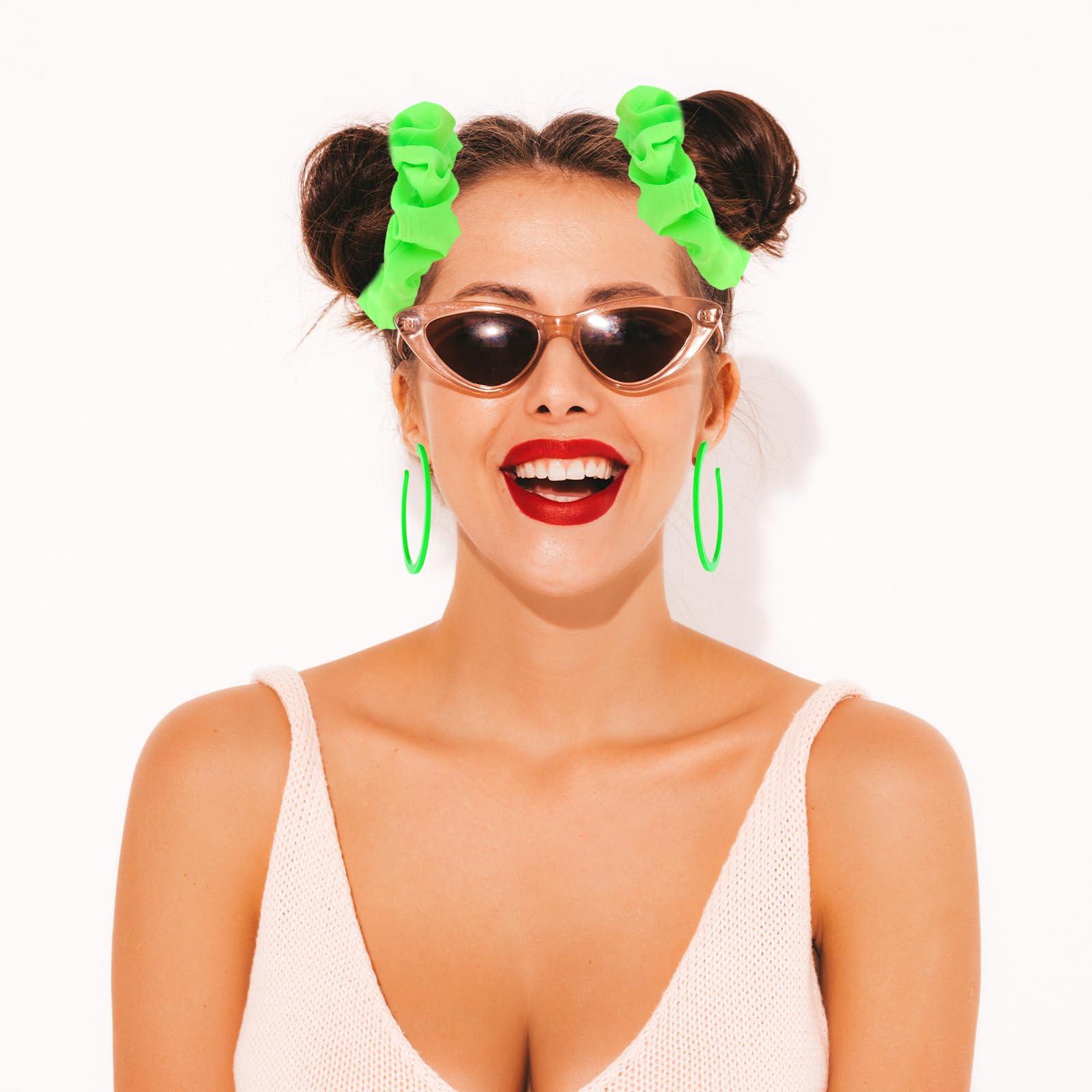 Lusofie 4 Pack 80s Neon Hair Scrunchies,Green Neon Earrings & Elastic Hair Scrunchy Set, Large Neon Scrunchies & Circle Style Earrings for Women Girl Halloween Party Decorations (Fluorescent Green)