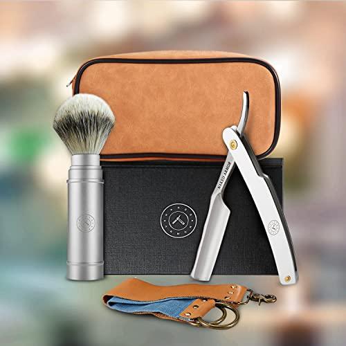 Naked Armor Stainless Steel Straight Razor Travel Kit - Shave Ready Straight Edge Razor, Stainless Steel Straight Razor for Men, Collapsible Shave Brush, Razor Strop, Leather Case, Lightweight, Perfect for Travel