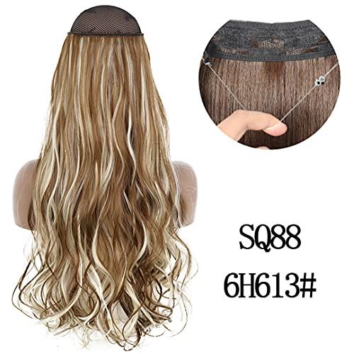 STREJHYT No Clip Halo Hair Extension Curly/Straight Secret Wire Natural Hidden Wire Synthetic Hair Pieces Adjustable Transparent Wire SQ88-6H613 16inches