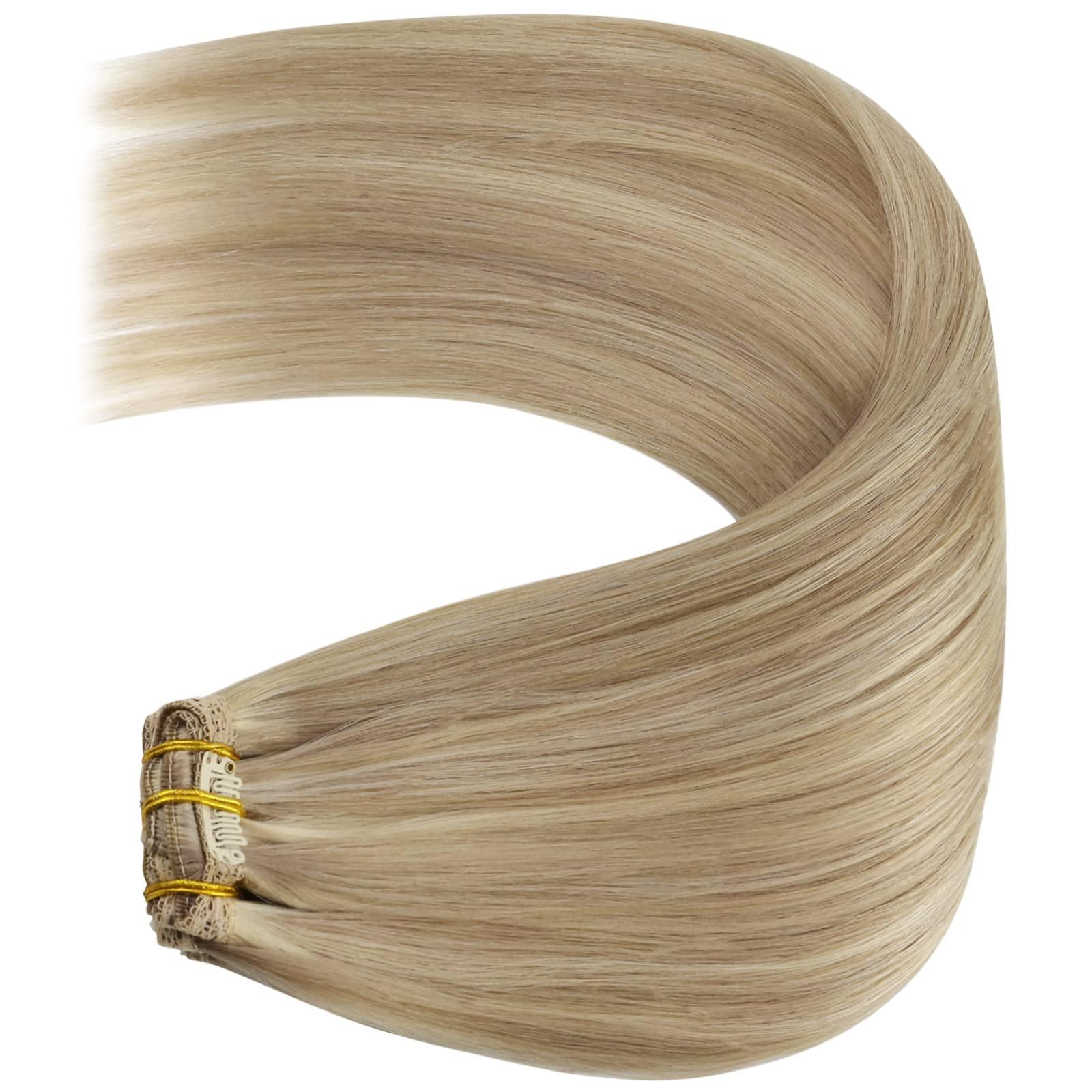 YoungSee YoungSee Clip in Hair Extensions Real Human Hair Highlight Clip on Hair Extensions Light Blonde Highlighted Golden Blonde Real Hair Clip in Extensions Convenient for Women 22Inch 120G 7Pcs