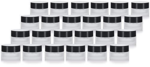 JUVITUS Frosted Clear Glass 5 ml 1/6 oz Small Thick Wall Balm Salve Pot Container Jars with Black Smooth Foam Lined Lids (24 Pack)