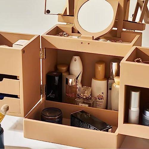 BITACS Makeup Box Makeup Organizer Solid Wood Makeup Organizer Box,Portable Large Capacity Skincare Storage Cabinet With Mirror, Cosmetic Display Case With Drawers, Brush Perfume Jewelry Lipsticks (Coffee)