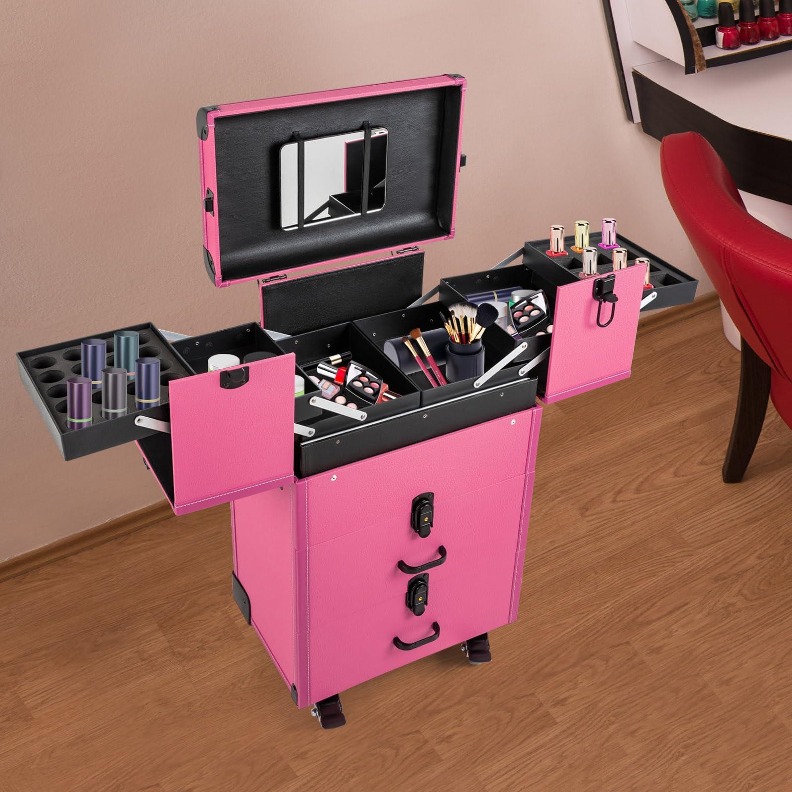 CapBoator 3 in 1 Professional Makeup Trolley Cart, Large Storage Rolling Makeup Case 4 Tray 2 Drawer, Lockable Cosmetic Train Case with Wheels, Salon Barber Case Traveling Cart for Hairstylist, Black (Purple)