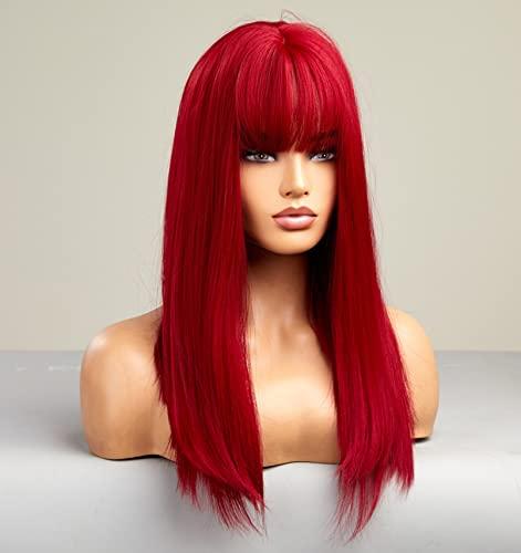 LANOVA LANOVA Red Wig with Bangs, Synthetic Red Wigs for Women, Natural Straight Cosplay Red Wig with Fringe, Bright Red Hair Wig 20 inch LANOVA-160
