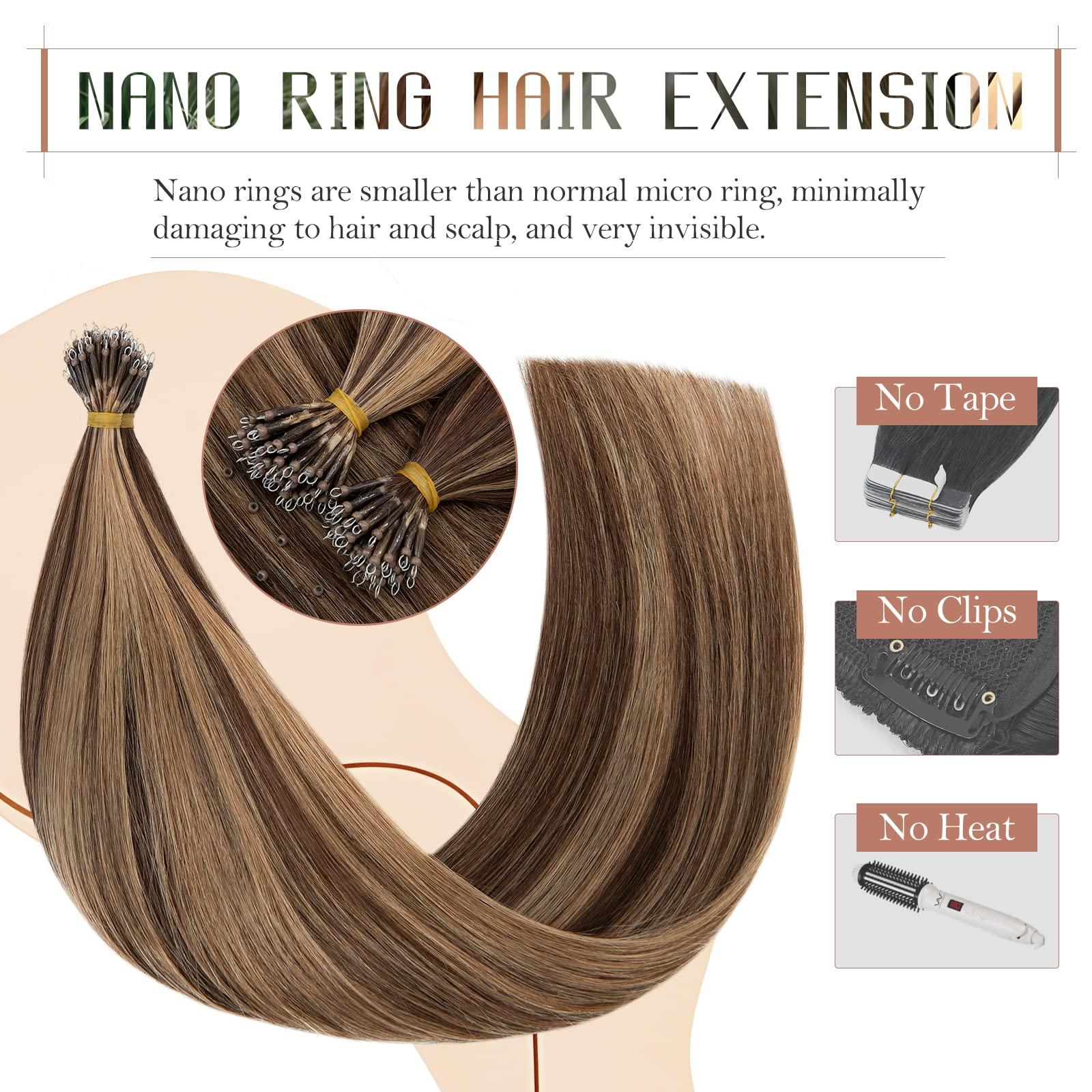 TESSHAIR TESSHAIR 18 Inch Nano Bead Hair Extensions Human Hair, Nano Ring Hair Extension 100% Real Human Hair, Natural Can be Washed Curled Dyed Permed, 50 Strands 50g #4P27 Medium Brown & Dark Blonde