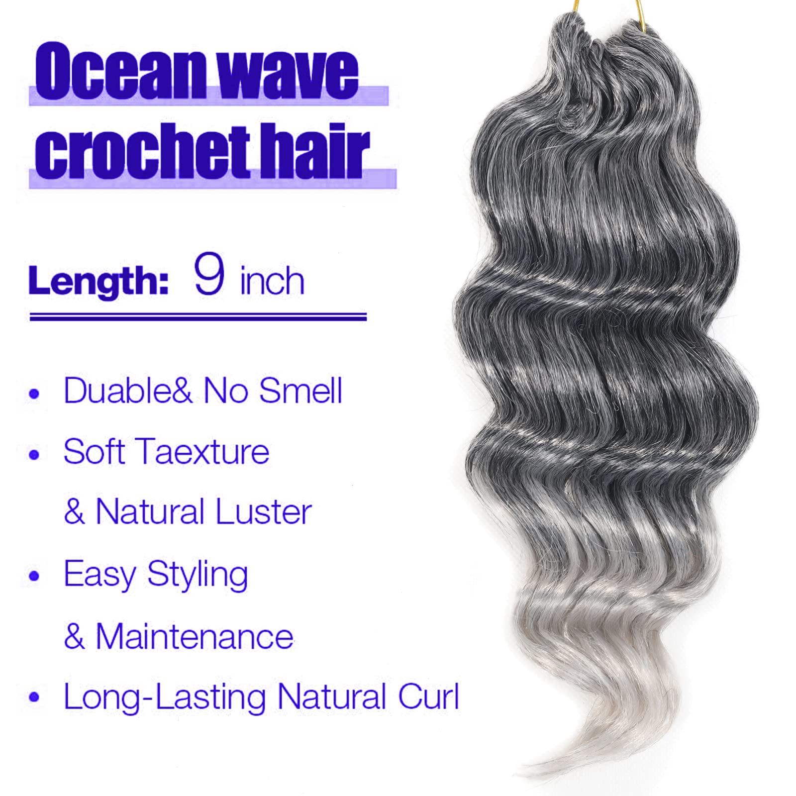 Svolna Ocean Wave Crochet Hair Pre Looped 9 Inch Grey Ombre Curly Braiding Ocean Wave Hair 7 Packs Deep Wave Short Wavy Ocean Wave Crochet Braids Hair Extensions for Women (9Inch (Pack of 7), Tgrey)