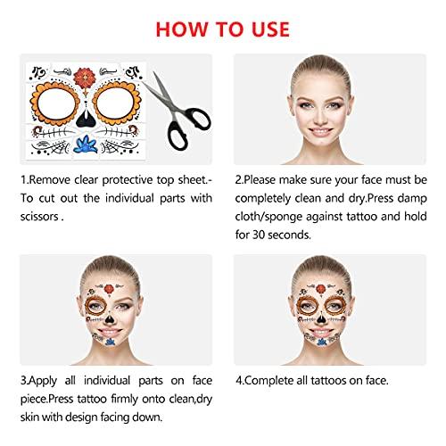 FATHER.SON 4 Pack Halloween Face Tattoo, Day of the Dead Sugar Skull Temporary Tattoos Makeup Kit for Men and Women Halloween Costume