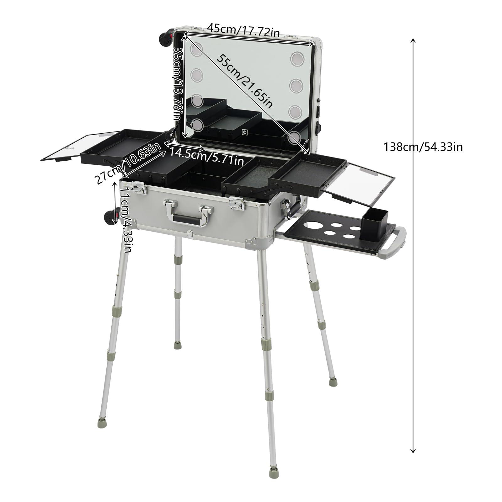 YIYIBYUS YIYIBYUS Aluminum Trolley Makeup Train Case with LED Light 21'' Rolling Cosmetic Organizer Make up Artist Free Standing Box with Stand Mirror Makeup Vanity Station (Silver)