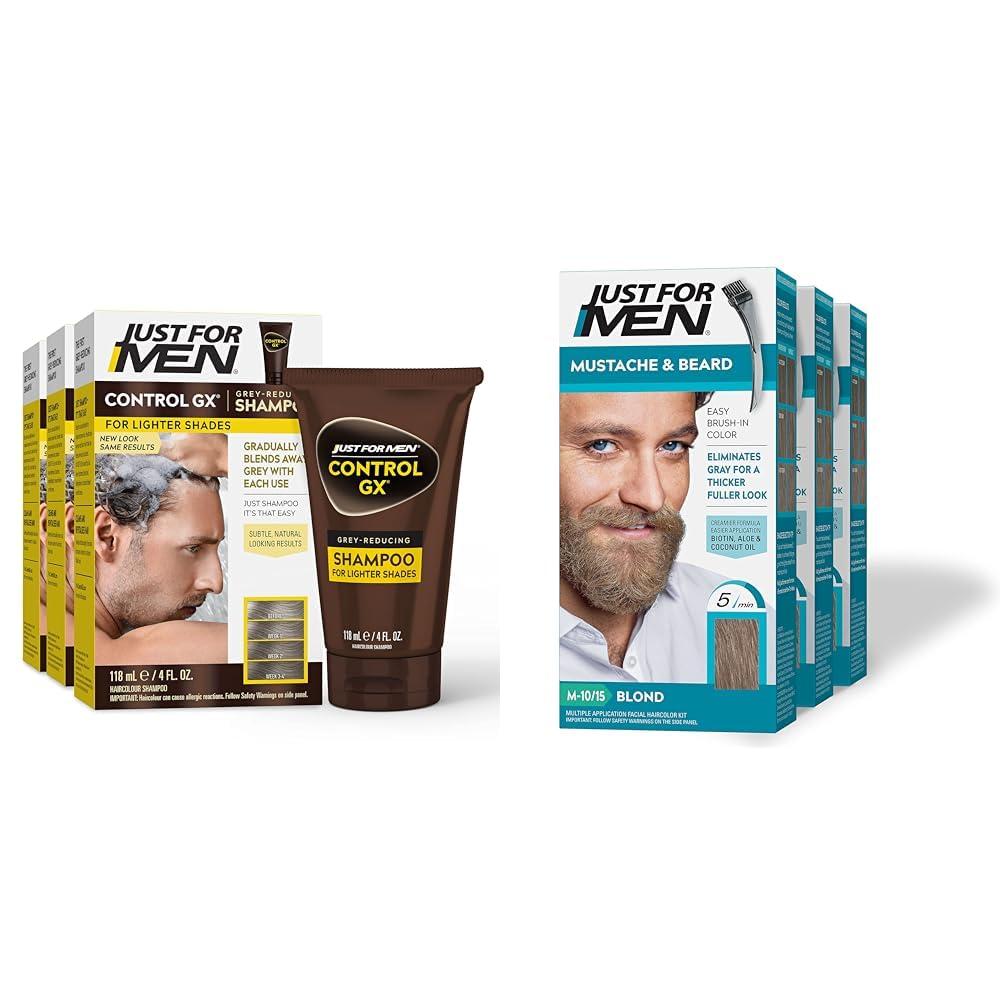 Just for Men Just for Men Control GX Grey Reducing Shampoo for Lighter Shades of Hair & Mustache & Beard, Beard Dye for Men with Brush