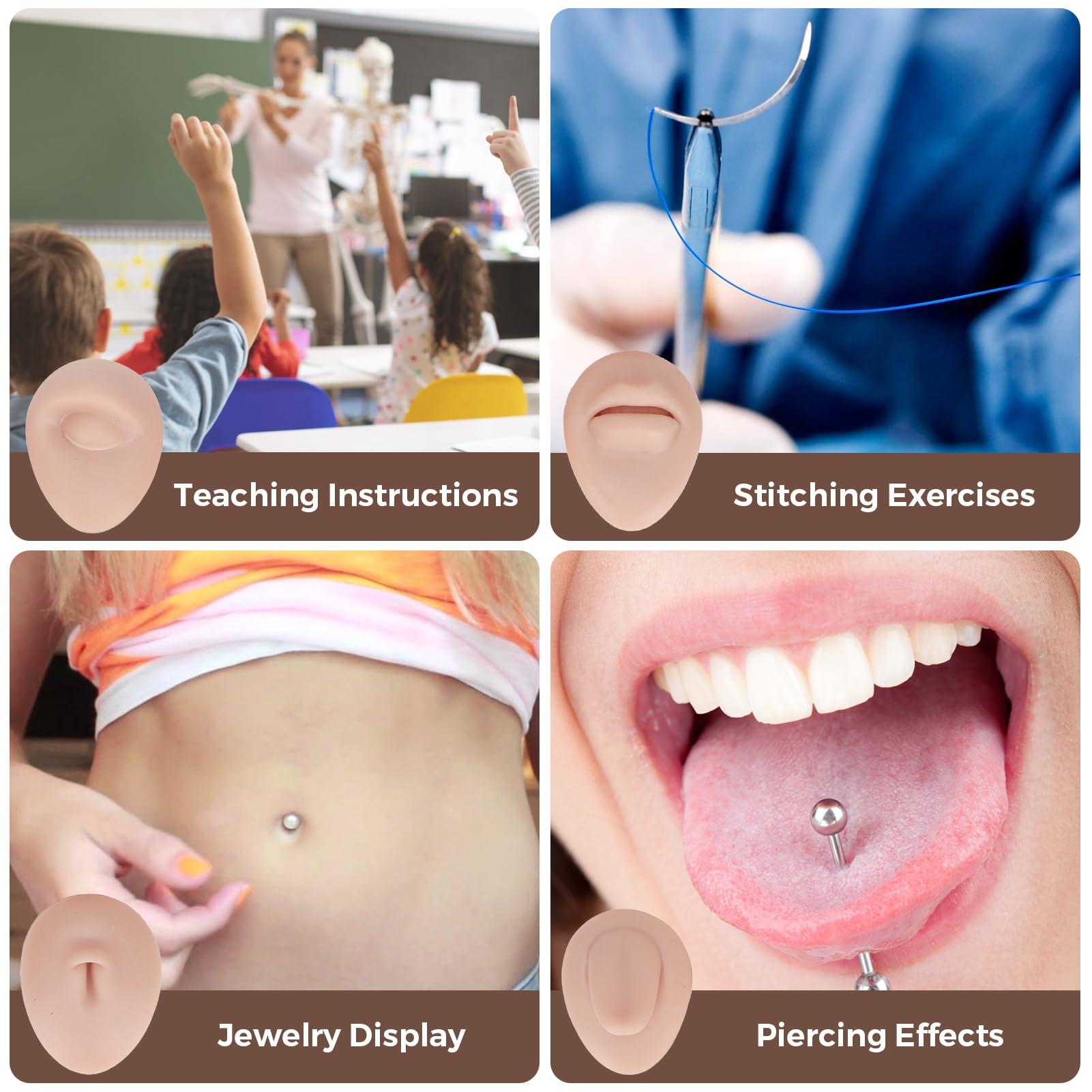 Dioche Soft Silicone Flexible Model Body Part Displays Set, Body Piercing Practice Model Simulation Ear Eye Nose Mouth Tongue and Belly Button Model for Novice Piercer (Medium Fleshcolor)