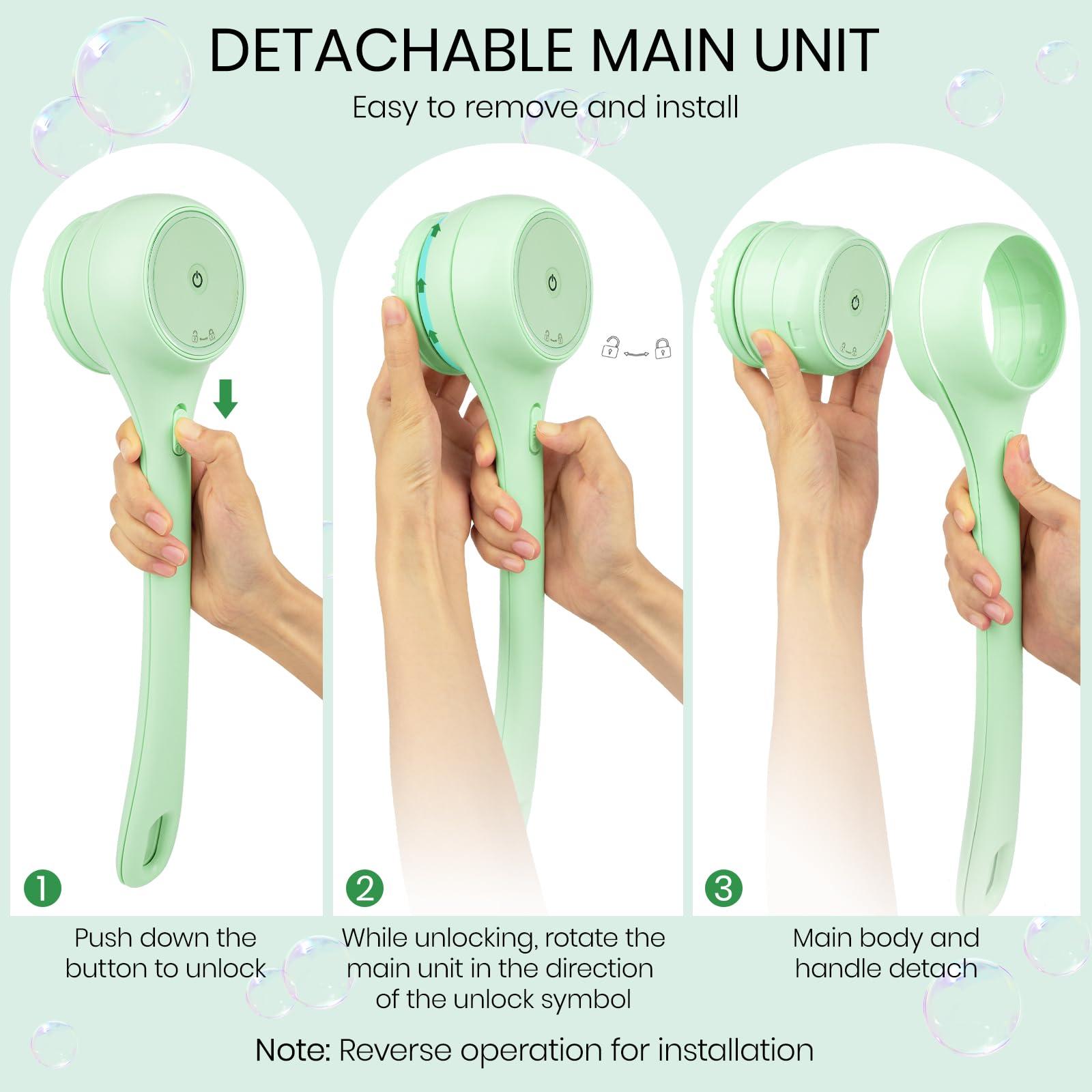 Keweis Electric Body Brush Back Scrubber for Shower, Auto Spinning Exfoliating Massage Bath Brush Rechargeable, Dual Long Handle, Deep Cleansing, Waterproof, Rotating Body Brushes with 5 Brush Heads