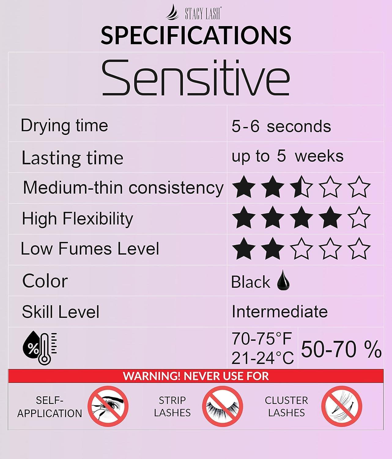STACY LASH Sensitive Eyelash Extension Glue Stacy Lash 0.17fl.oz/5ml / 5-6 Sec Drying time/Retention 4-5 Weeks/Black Adhesive/Professional Supplies