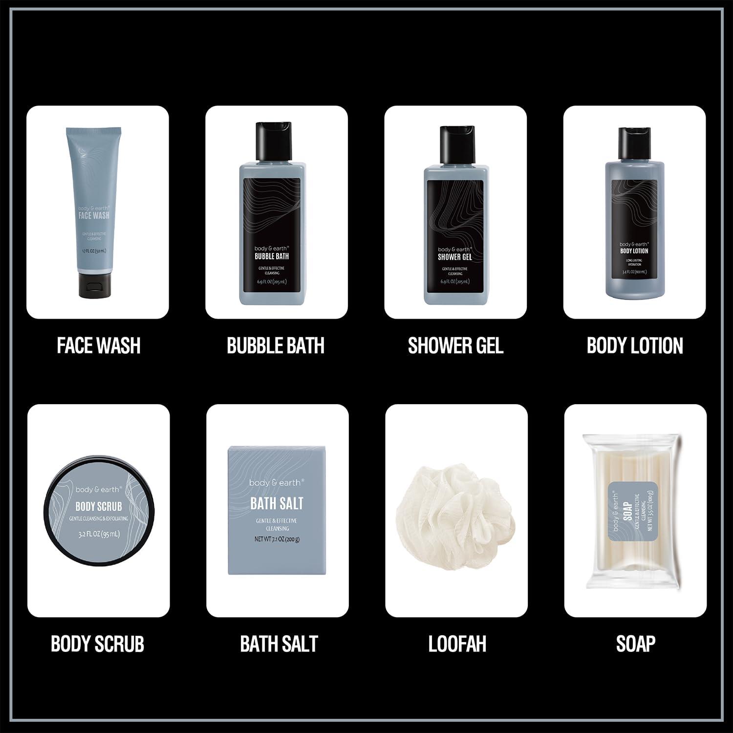 BODY & EARTH Gift Baskets for Men Body Wash Set Body & Earth Leathers Mens Bath Set with Body Lotion, Face Wash, Shower Gel, Bubble Bath, Loofah & More, Birthday Gifts for Men,regalos para hombre,Christmas Gifts