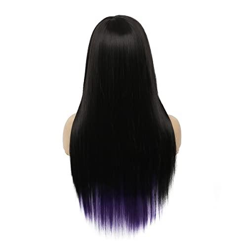 Baruisi Baruisi Long Purple Black Wig Silky Straight Synthetic Heat Resistant Side Bangs Halloween Costume Hair Wigs for Women Girls