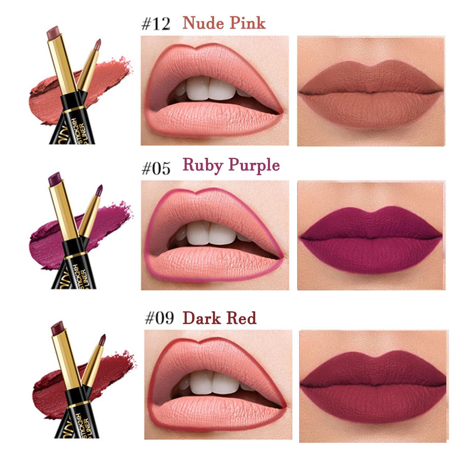Etuanxi 3 Pcs Lip Liner and Lipstick Set Kit for Women DNM Matte 24 Hour Lipstick matte lipstick long lasting waterproof lip liner gloss set Dark Ruby Deep Red Lip Crayon Sticks Liner Pencil Set.