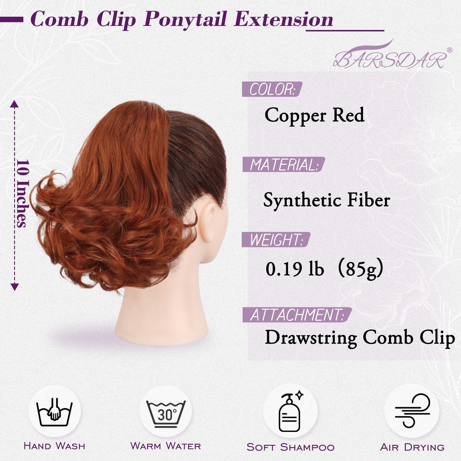 BARSDAR BARSDAR Copper Red Ponytail Extension - 10 Inch Short Wavy Drawstring Ponytail Hair Extensions for Women - Synthetic Comb Clip in Ponytail Hairpieces Fake Pony Tails - Copper Red
