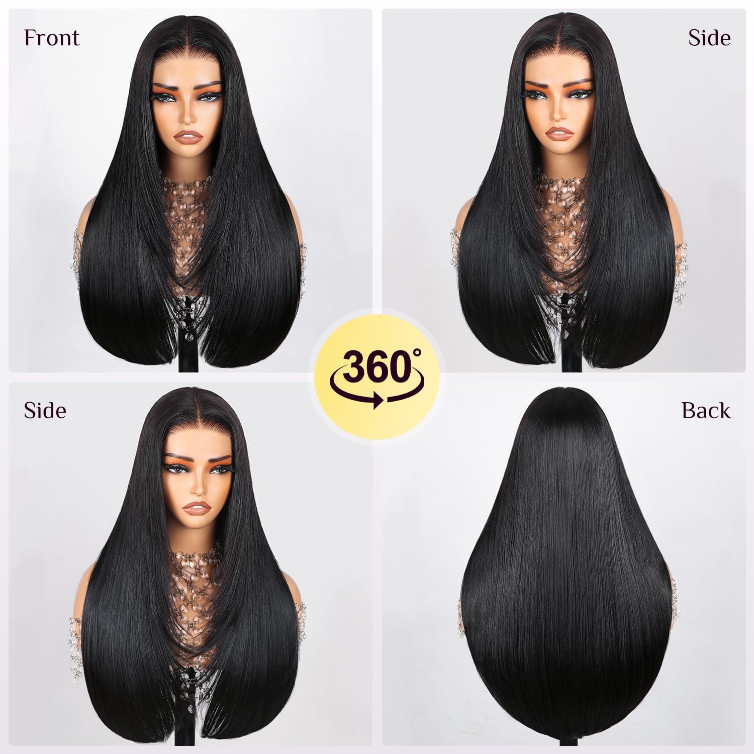 TESLAL TESLAL Blend Wigs Human Hair Glueless Wear and Go Glueless Wigs Human Hair Pre Plucked Pre Cut Layered Wig Straight 6X6 Synthetic and Human Hair Blend Wig 22Inch Black Color 260% Density