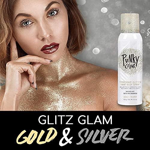 Jerome Russell Punky Temporary Hair and Body Glitter Spray, Gold/Silver -Lightweight Shimmery Hairspray for Hair, Skin, and Clothes, Sparkly Glow for Parties & Events, 3.5 oz