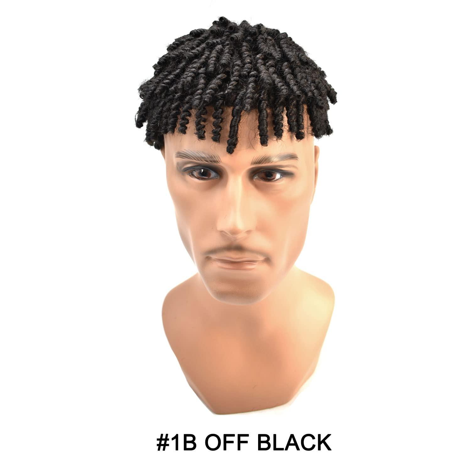 Generic Afro Kinky Twist Crochet Braids Hair for Black Men 8X10 African American Human Hair System Replacement Afro Toupee for Black Men All PU Injected Poly Thin Skin Hair Piece Mens Wig 6MM-6\",1B# Off Black