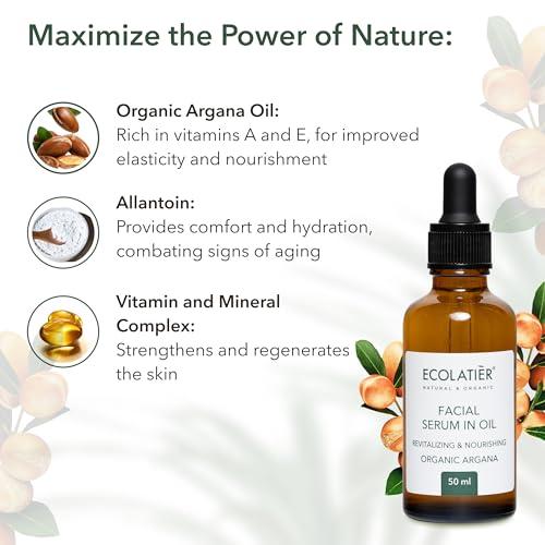 ECOLATIR Face Serum with Organic Argan Oil 98.4% Natural, Hydrating Anti-Aging Facial Serum, Revitalizing & Nourishing, Improves Skin Elasticity, 1.7 Fl Oz - ECOLATIER