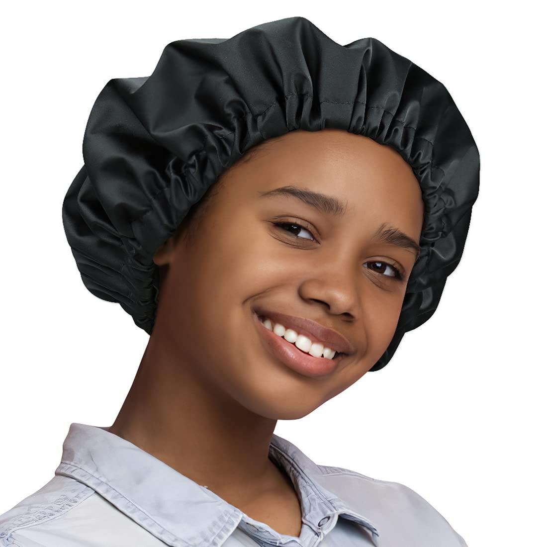 Heerf Kids Shower Cap for Girls and Boys with Curly Hair, Braids, Dreadlocks, Twists Dark Black