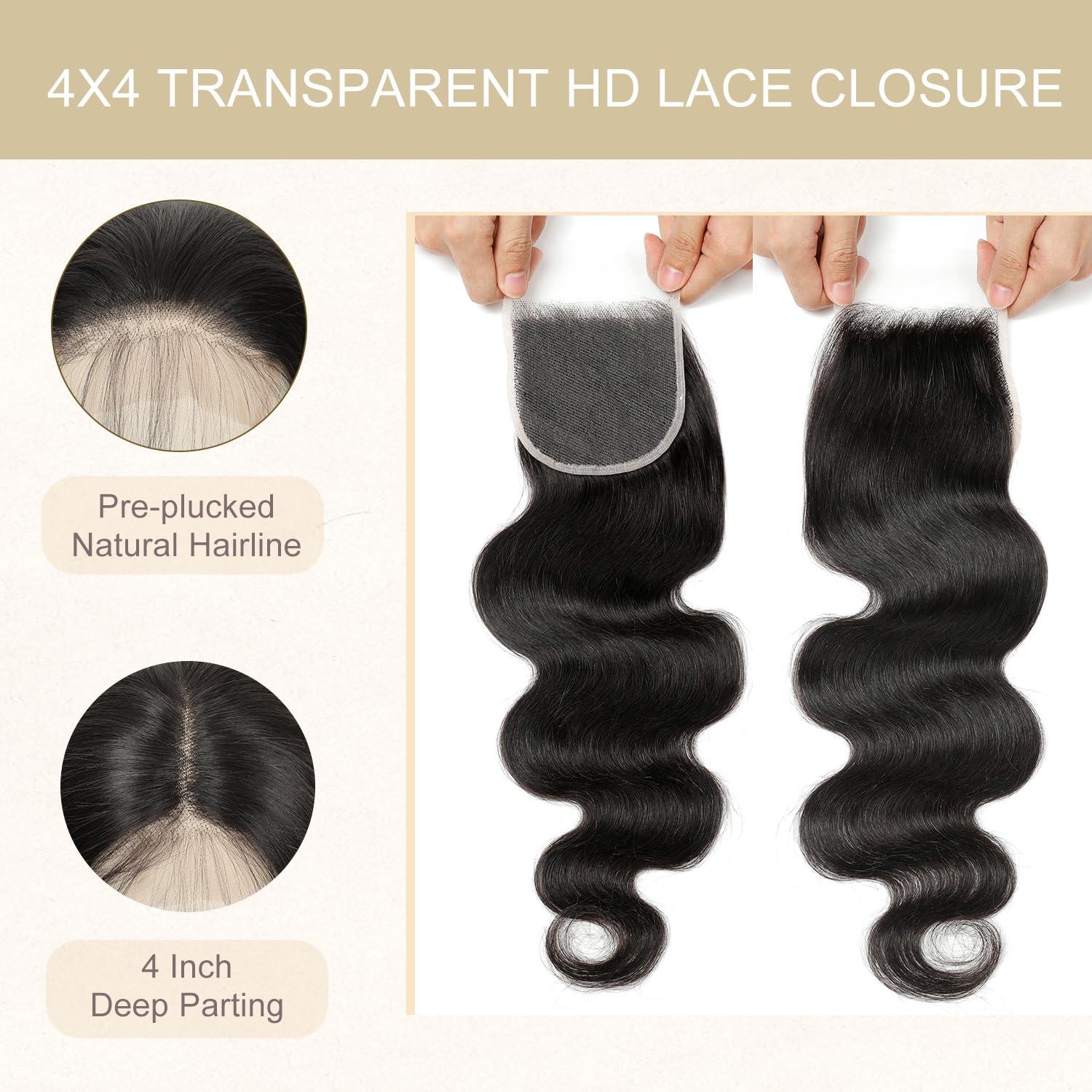 Renyarch 4x4 Transparent HD Lace Closure Human Hair Closure Invisible Lace Human Hair Frontal Closure Human Hair Extensions Pre Plucked Natural Black (16Inch,Body Wave)