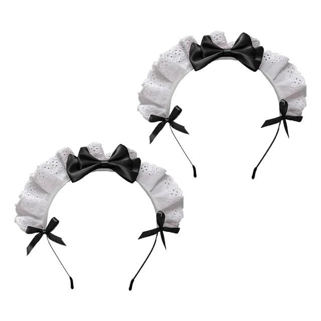 Juroicessry 2Pc Black Women Girls Lolita Headband Lace Bow Hair Band Maid Anime Cosplay Headwear Ribbon Bowknot Women\'s Fashion Headbands Cute Hair Band Party Hair Accessories