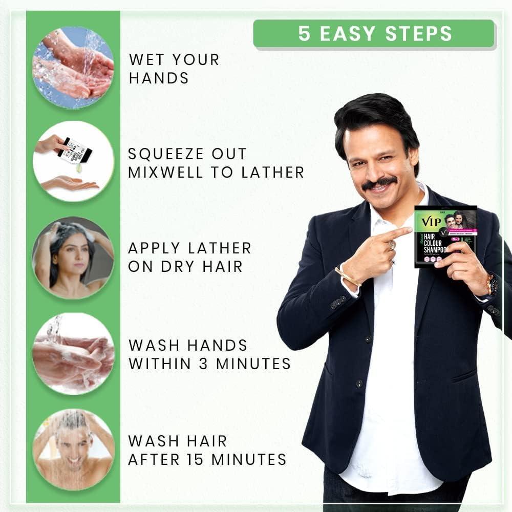 VIMAC VI.P Hair Colour Shampoo Black, 20ml (Pack of 10) | 100% Grey Hair Coverage, Ammonia Free