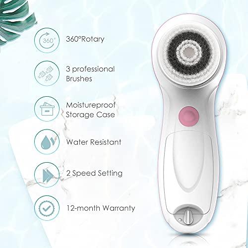 TOUCHBeauty TOUCHBeauty Facial Cleansing & Exfoliator Brush Set with Travel Case 3 Professional Cleansing Brush Heads for Oil/Sensitive/Combination Skin |Waterproof, Dual Speed