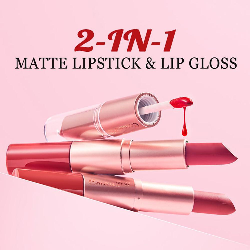 Adurello Adurello 2-In-1 Matte Lipstick and Lip Gloss 3Pcs Set Kit Waterproof Long Wear Matte Red Lipstick with Lip Tint Set, Matte Finish (A(4,5,6))