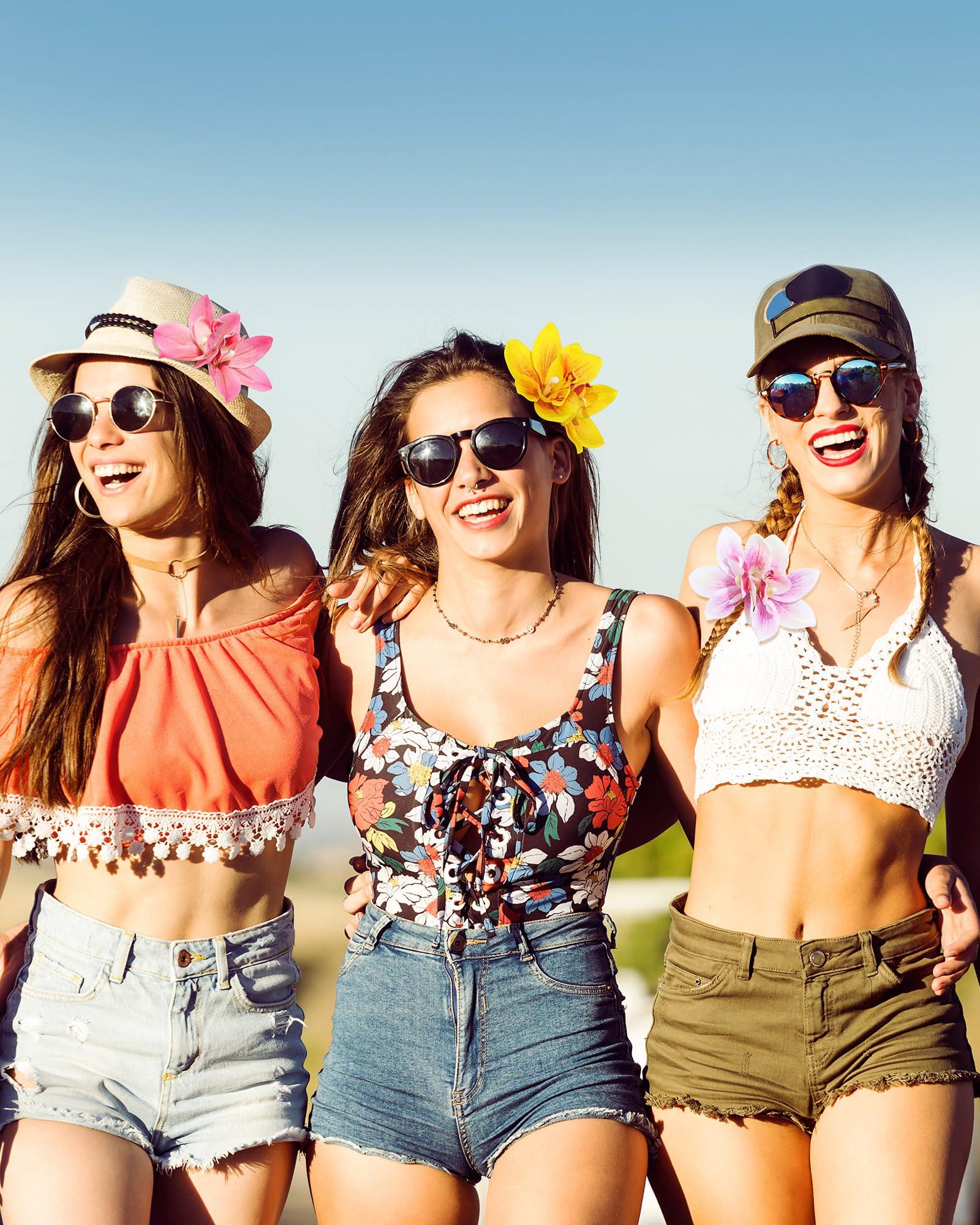 Ufgin 3 PCS Hawaiian Hair Accessories: Orchid, Hibiscus, and Artificial Flower Barrettes for Women (Pink, Rose, Yellow) - Ideal for Wedding, Bridal, Beach Party