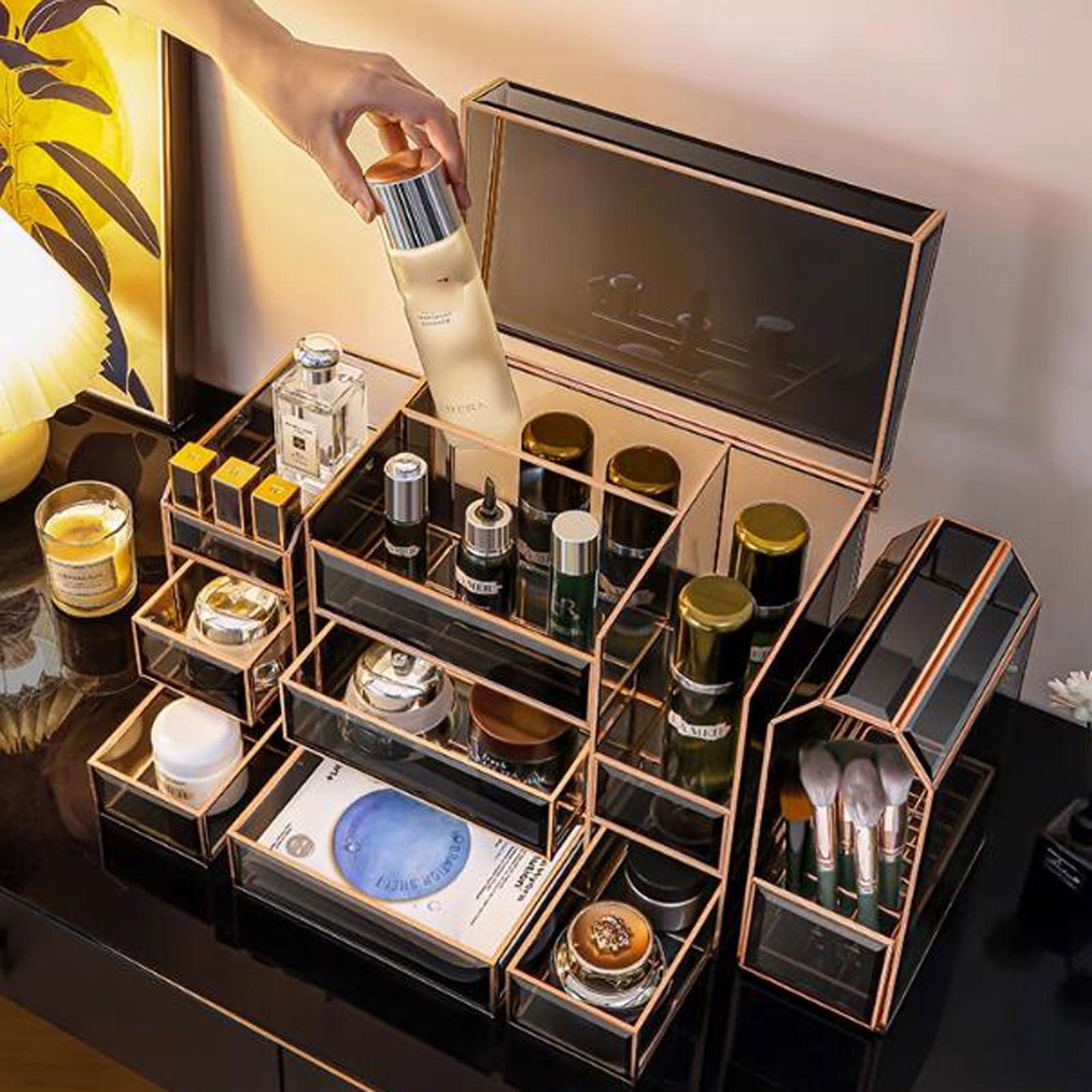 WAOCEO Makeup Organiser Storage Large Capacity Glass Makeup Organizer Storage Box, Luxury Make Up Case Dustproof Cosmetic Storage Display Box, Skin Care Products Jewelry Organizer Finishing Box Bathroom Desk