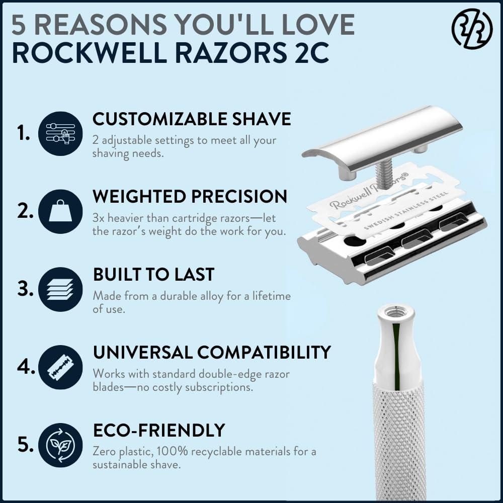ROCKWELL RAZORS ROCKWELL RAZORS 2C White Chrome Double Edge Safety Razor With Adjustable Shave Settings and 5 Fully Recyclable Razor Blades. Reusable Safety Razors for Men and Women.