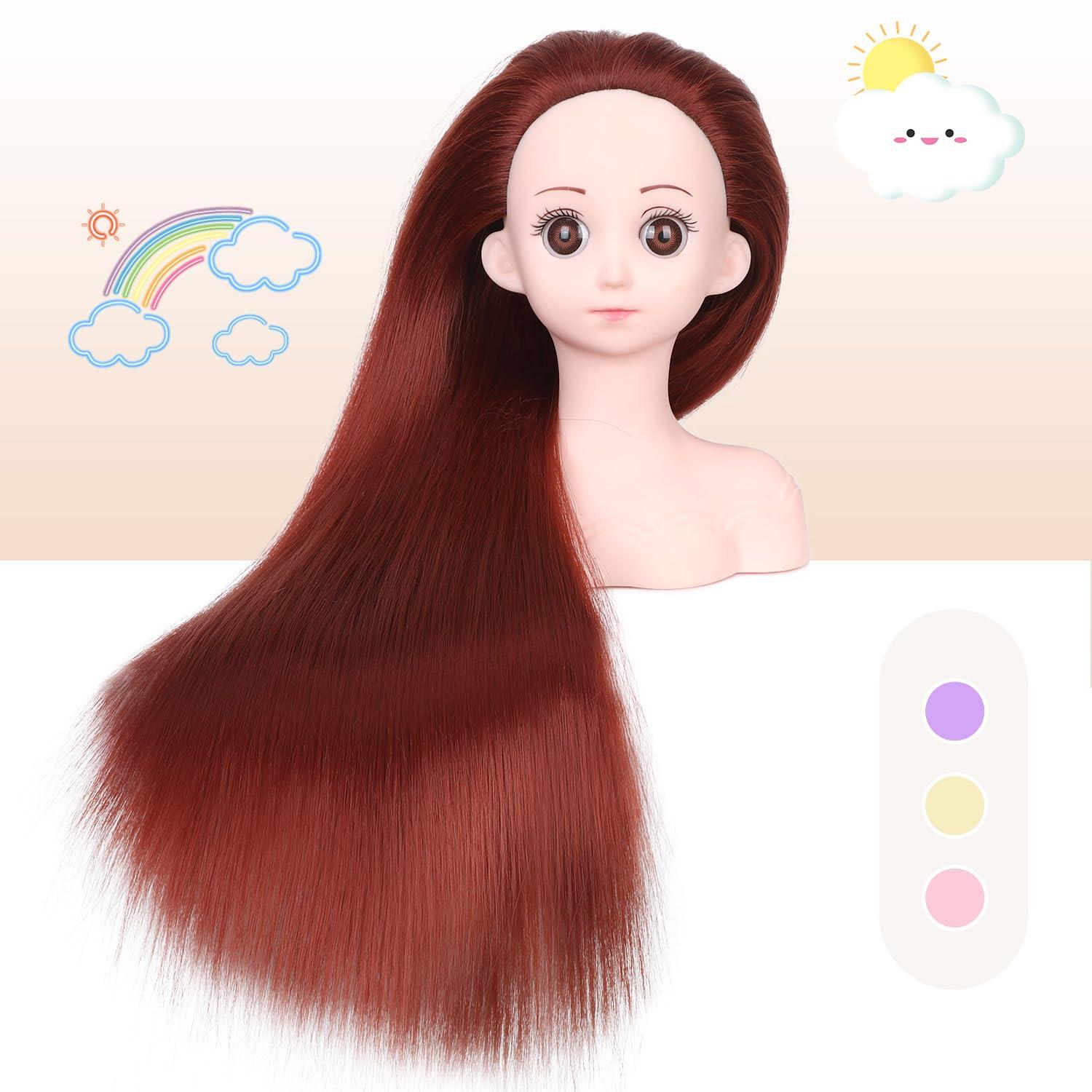 WIGER WIGER Red Hair Styling Doll for Girls Toy Mannequin Head with Hair for Children Cute Cosmetology Hairdressing Manikin Doll Braiding Training Practice Heads with Long Brown Straight Hair