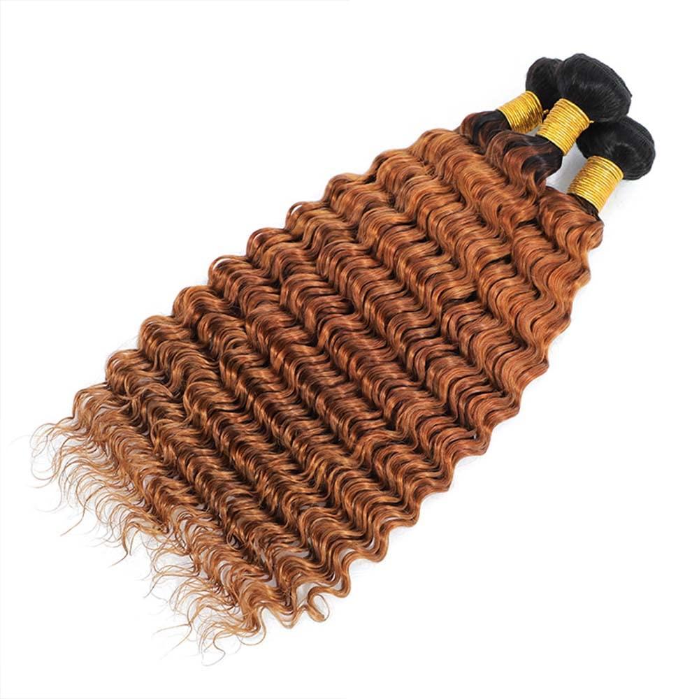 MAMART 10 12 14 inch 1B30 Ombre Bundles Brown Deep Wave Huamn Hair Bundles Ombre Brazilian Bundles Human Hari Wet and Wavy Bundles Unprocessed Brazilian Virgin Human Hair 100g/Pc Extension For Black Women