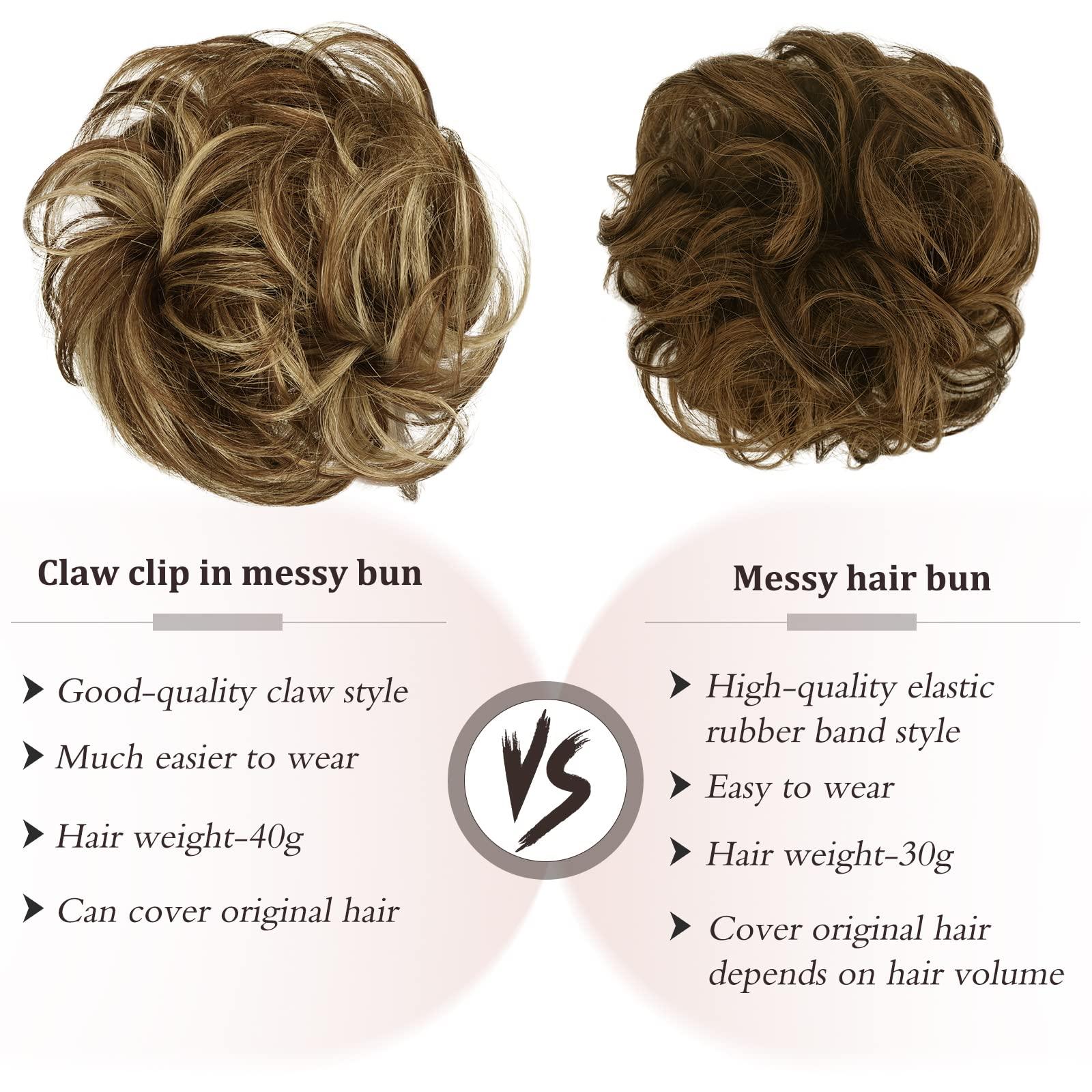 RUWISS Claw Clip Messy Bun Hair Piece Real Human Hair Buns Wavy Curly Chignon Hair Bun Extensions Tousled Updo Hair Buns Claw Clip Ponytail Hairpieces with Clip for WomenBrown with Blonde Highlights 3