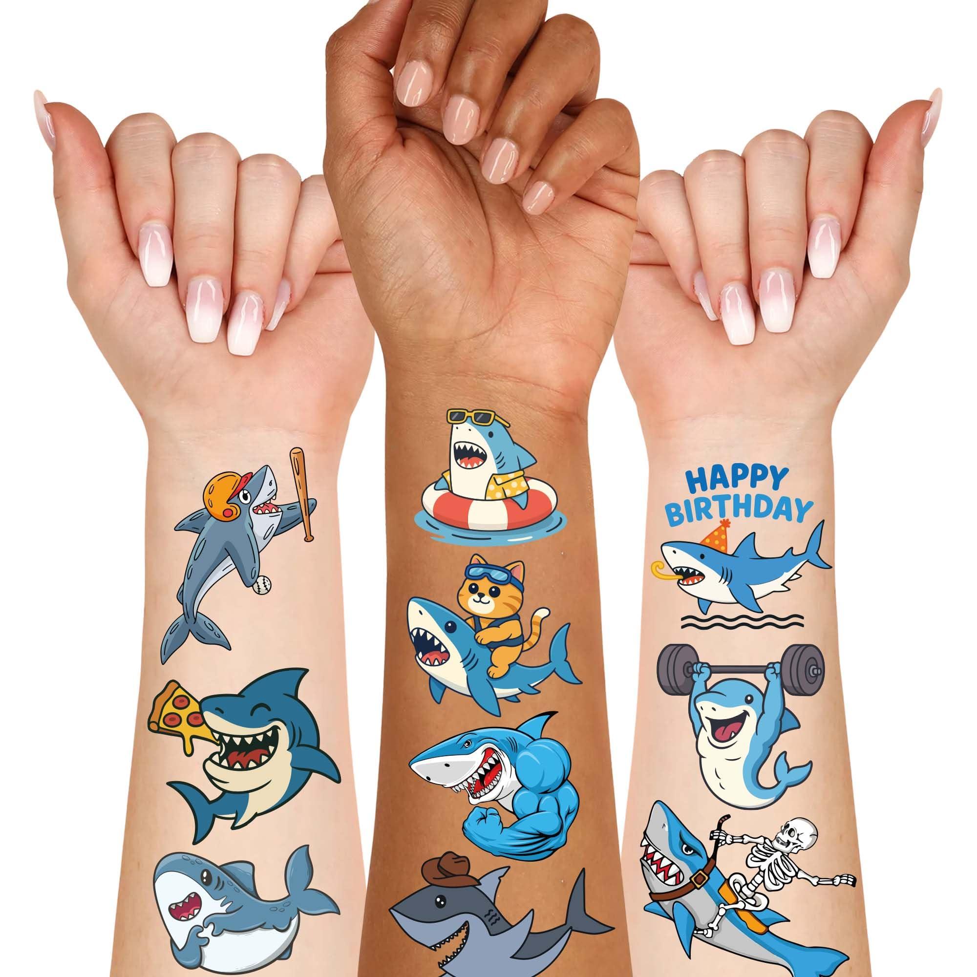 Janiegrass 77 PCS Cute Shark Temporary Tattoos for Party Supplies, Cute Sea Shark Tattoo Stickers for Birthday Parties, Shark Tattoos Party Favor, Waterproof Tattoos. (Blue (77PCS))