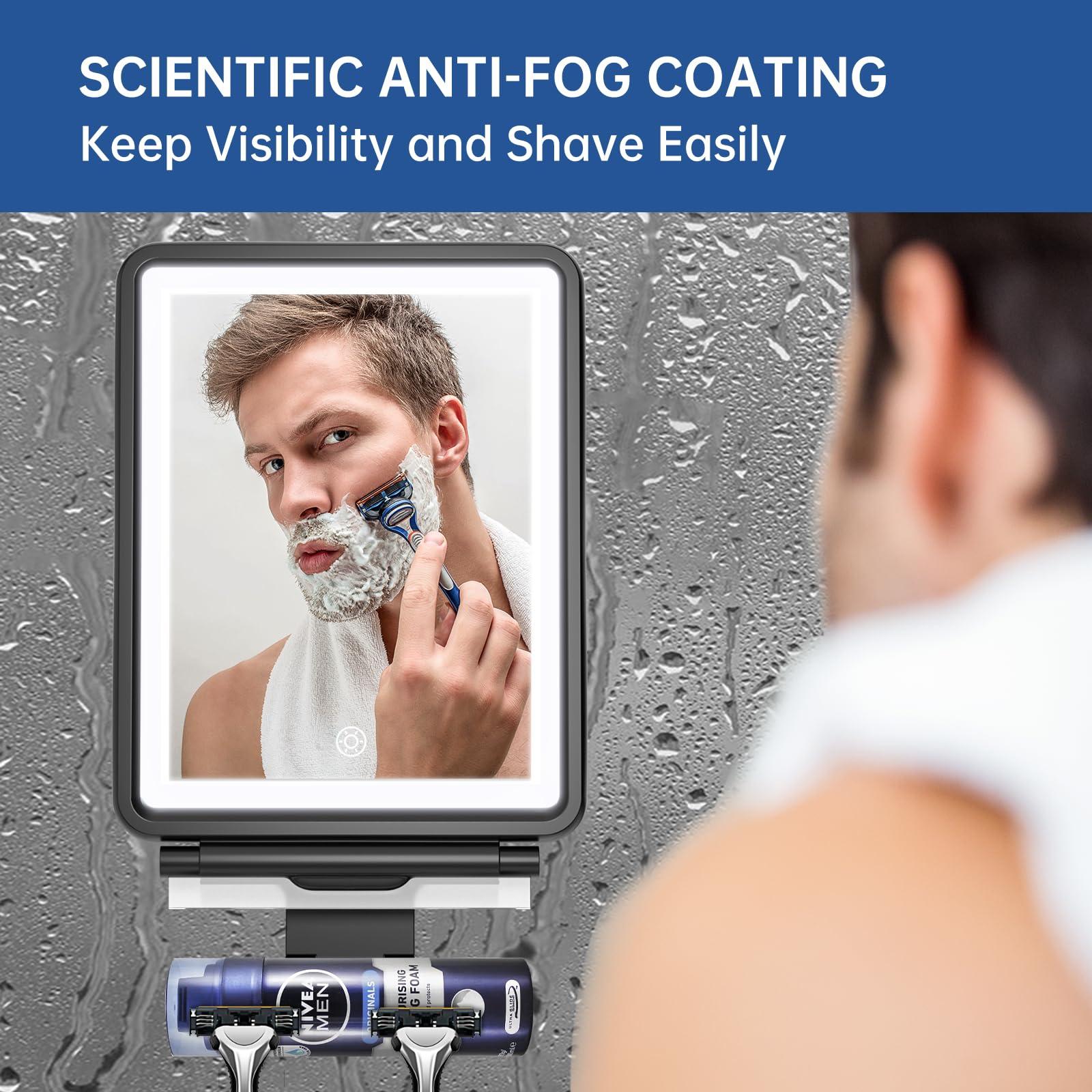 COSMIRROR COSMIRROR Shower Mirror Fogless for Shaving with Razor Holders, 3-Color Dimmable Light for Anti Fog Shower Shaving Mirror