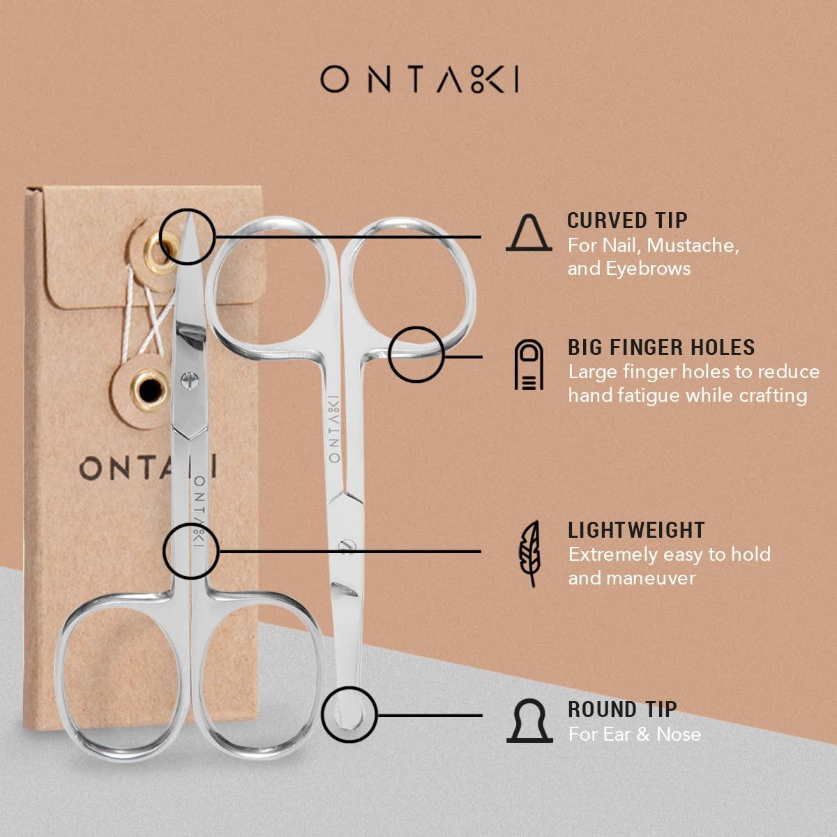 ONTAKI Ontaki Curved and Rounded Men\'s Facial Hair Scissors - Mustache, Nose Hair, Beard Trimming - Safe for Eyebrows, Eyelashes, and Ears - Stainless Steel (Silver) - Eyebrow Scissors