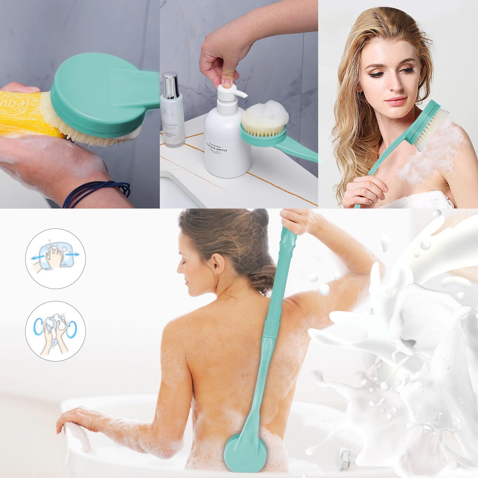 UHIAGREE Back Brush Long Handle for Shower, 20.5 Bath Brush, Back Scrubber, Shower Body Brush with Curved Handle for Elderly Disabled, Limited Mobility, Frozen Shoulder,Men and Women(Cyan)