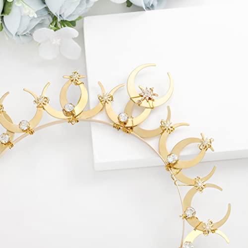 Urieo Urieo Rhinestone Moon Crown Headband Gold Star Headpiece Crystal Tiara Headbands Parties Hair Accessory for Women