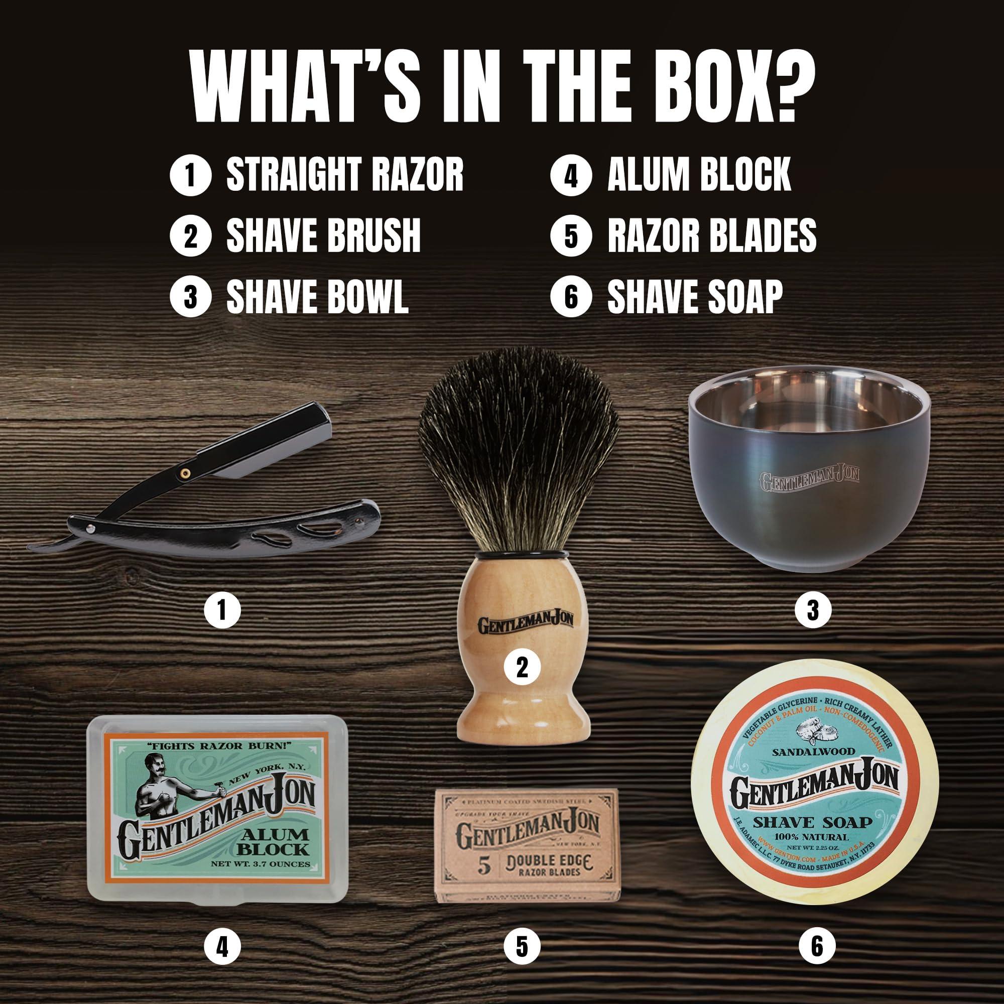 Gentleman Jon Gentleman Jon Straight Razor Shaving Kit | Vintage Wet Shave Grooming Set for Men - Includes: Straight Edge Razor, Hair Shaving Brush, Alum Block, Shave Soap, Bowl & Double Edge Razor Blades