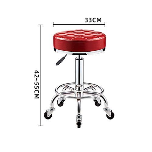 ZHOUXIAO Ottoman Rolling Stool with Wheels, Swivel Height Adjustment Stool,PU Leather Thick Seat Chair Stool Spa Drafting Salon Tattoo Work Office Massage Stools (red)