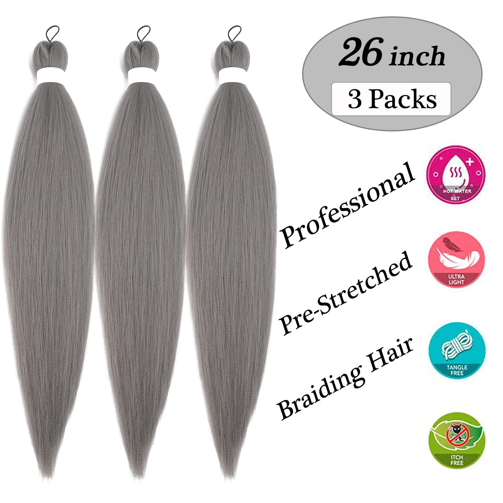 SIXERSI Grey Braiding Hair Pre Stretched Synthetic Hair for Braiding Micro Prestretched Braiding Hair 26 inch 3 Packs Long Itch Free Knotless Yaki Crochet Twist Box Braids Weave Braiding Hair Extensions