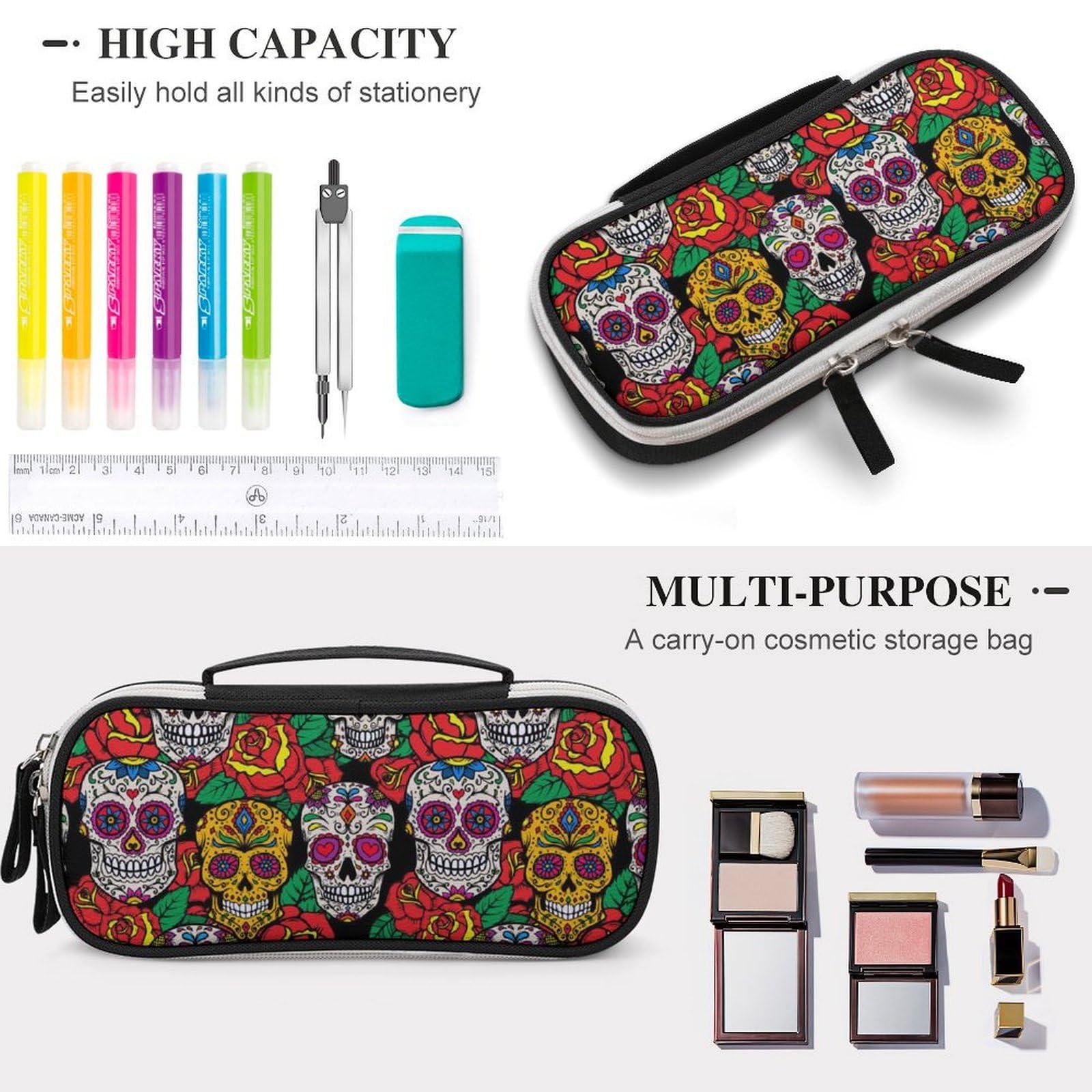 Meaudiwes Fashion Small Pencil Pouch Makeup Bag, Purse Makeup Bag, Portable Toiletry Travel Bag For Women Men Office With Zipper Compatible with Mexican Day Dead Rose Sugar Skulls