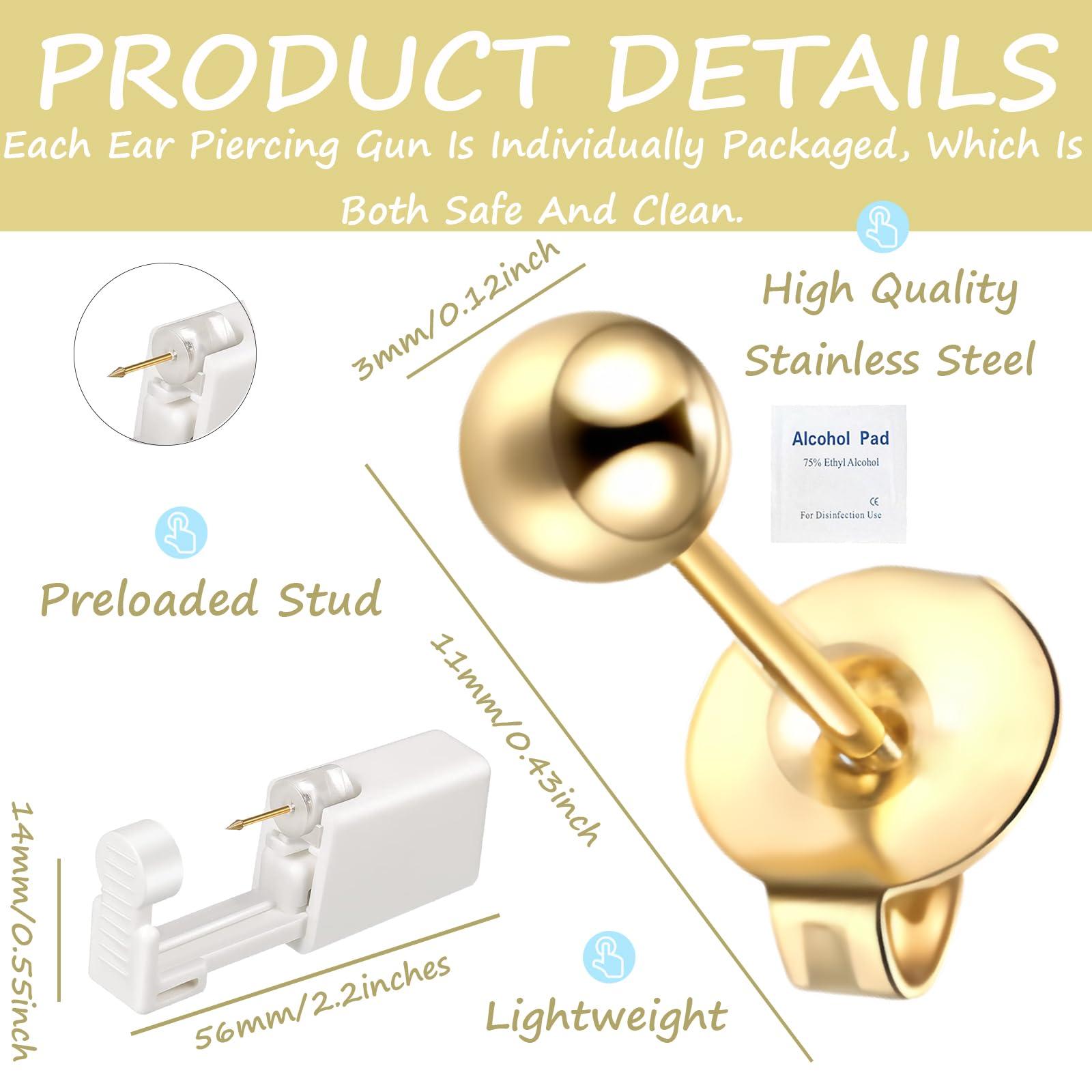 orilace Ear Piercing Kit - 2 Pcs Self Disposable Ear Piercing Gun Built-in Earring Stud Low Pain at Home Piercer Kit Tool Easy Use for Salon 3mm (Gold Ball)